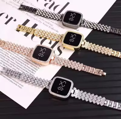 HOT DEAL NO 1 Full Diamond Touch Screen LED Watch Steel Chain with Diamonds Ladies Watches For Female Women Girl